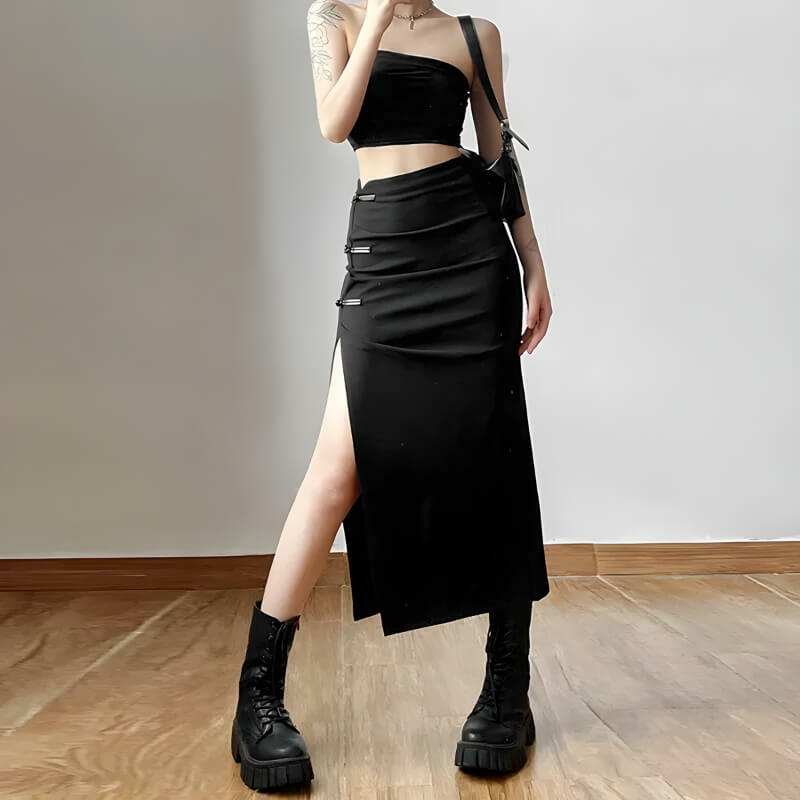 Y2K High Split Midi Skirt - Chic Dark Academia Style for Effortless Summer Outfits