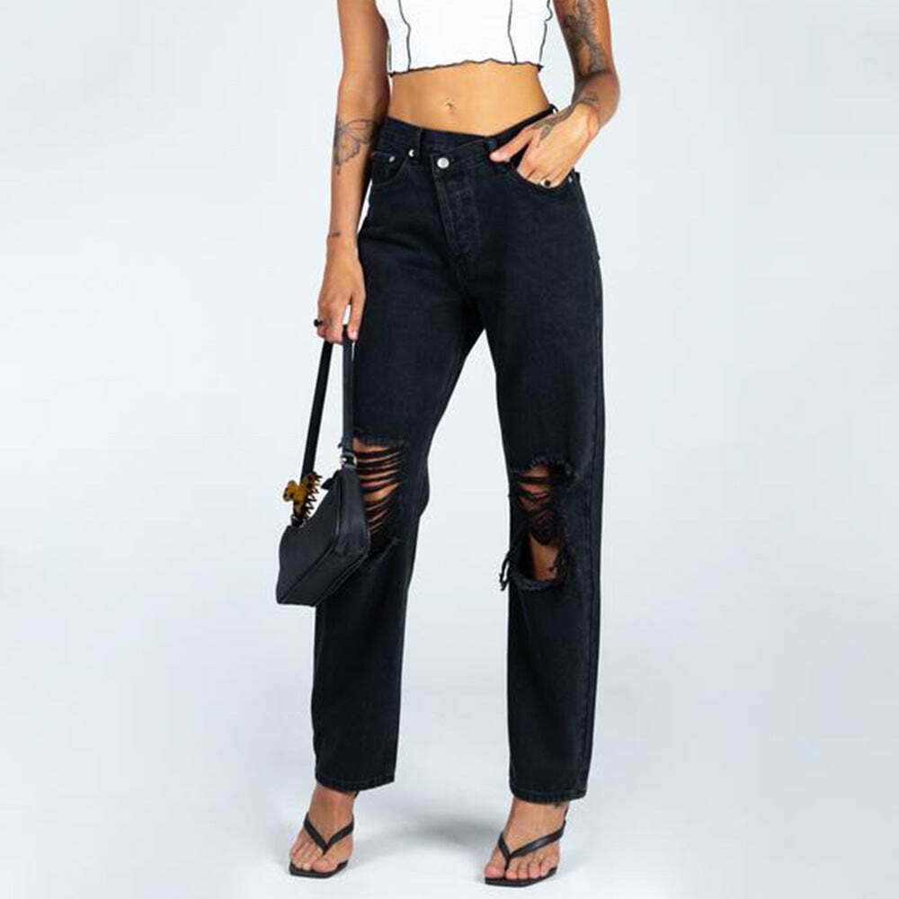 Y2K High Waist Asymmetric Ripped Jeans - Grunge Aesthetic Streetwear for Trendy Outfits