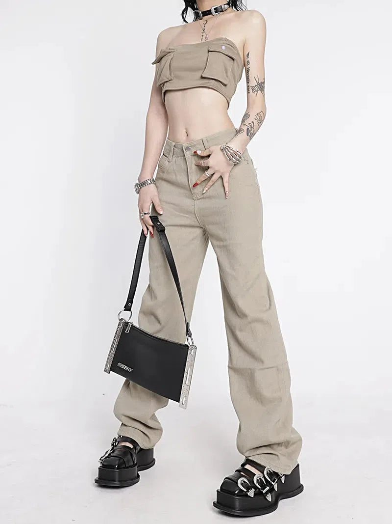 Y2K High Waist Cargo Jeans with Pockets - Trendy 90s Inspired Grunge Style