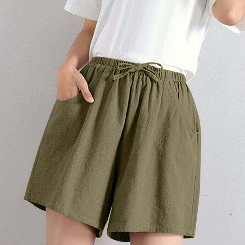 Y2K High Waist Oversized Cotton Linen Shorts - Comfy Grunge Aesthetic Summer Style