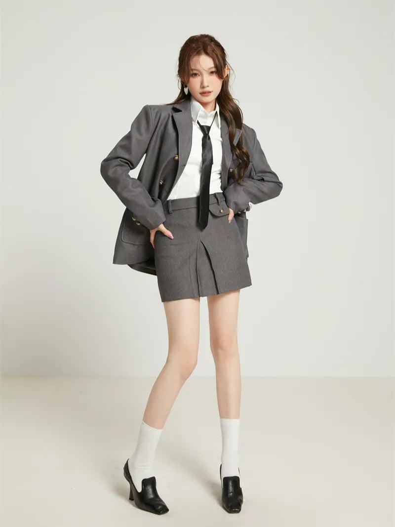 Y2K-Inspired Blazer, Shirt & Cargo Skirt Set for Trendy College Style Outfits