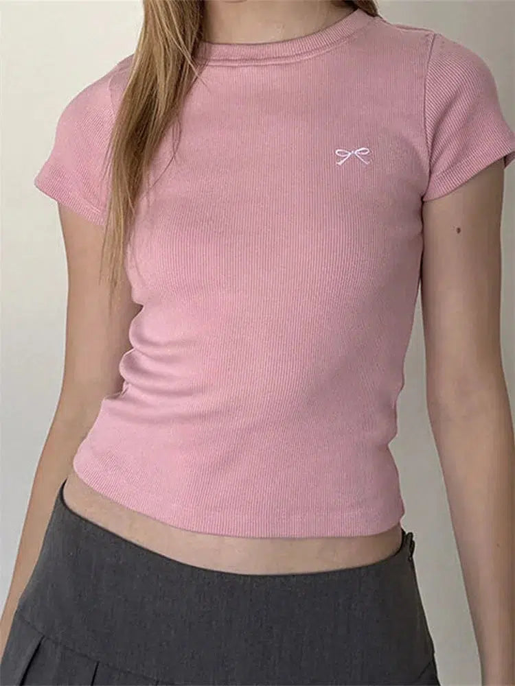 Y2K-Inspired Bow Basic Tee: Trendy Summer Essential for Effortless Style