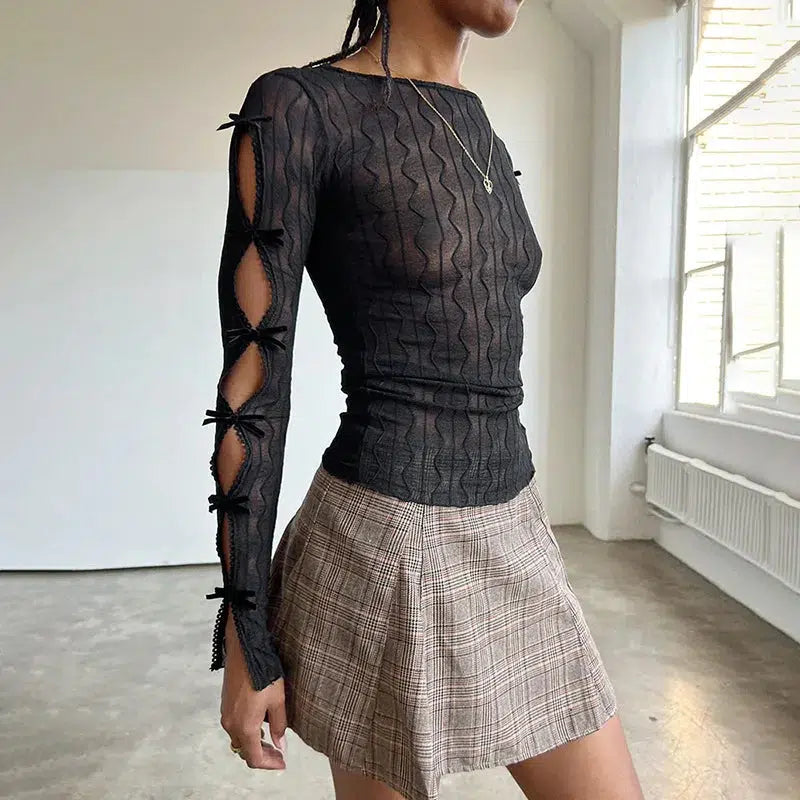 Y2K-Inspired Bow Sleeve Sheer Top for Effortless Summer Style and Aesthetic Vibes