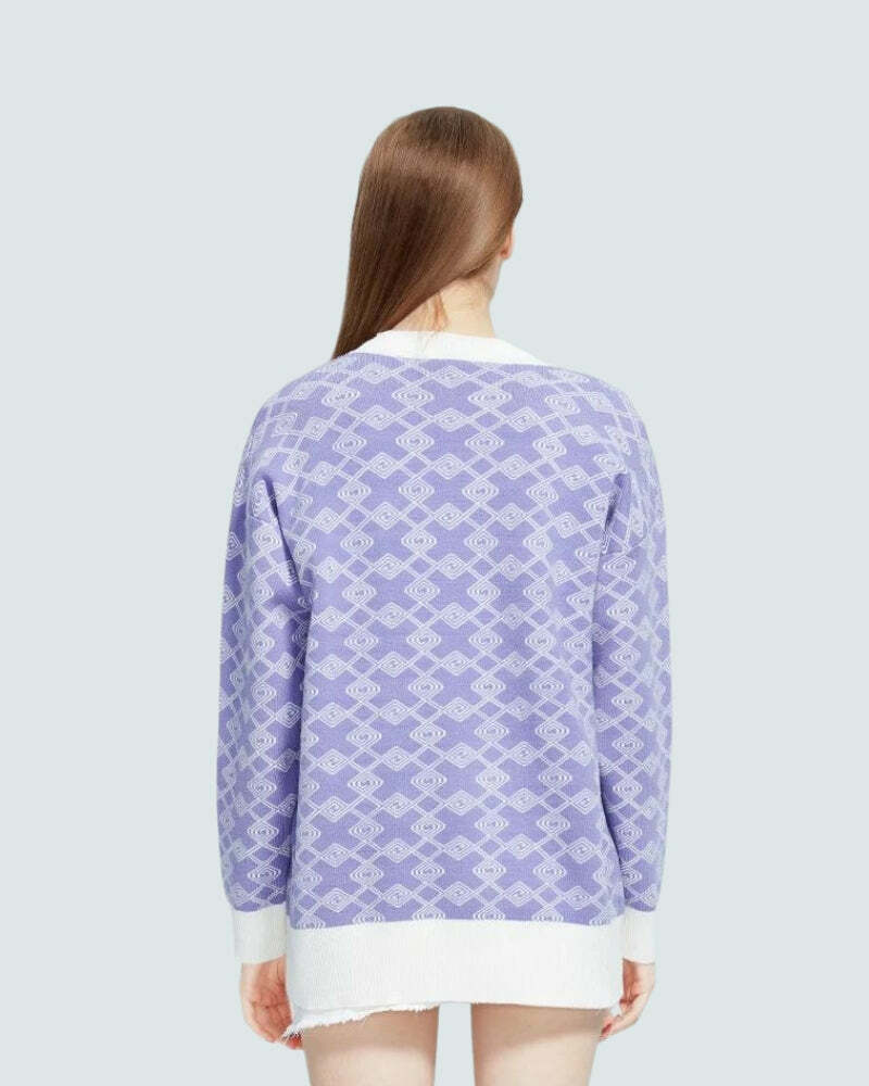 Y2K-Inspired Cross Pattern Buttoned Purple Cardigan for Trendy Summer Outfits