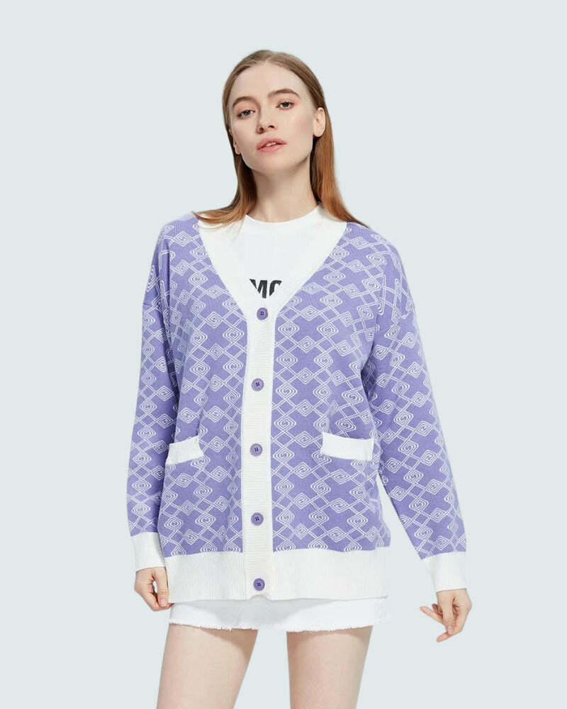 Y2K-Inspired Cross Pattern Buttoned Purple Cardigan for Trendy Summer Outfits