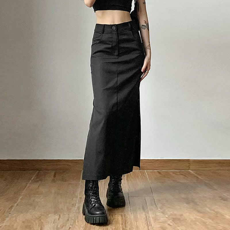 Y2K-Inspired Dark Academia Side Slit Maxi Skirt for Effortless Aesthetic Style