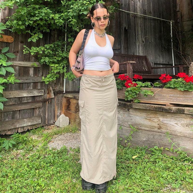 Y2K-Inspired Drawstring Parachute Maxi Skirt for Effortless Summer Style