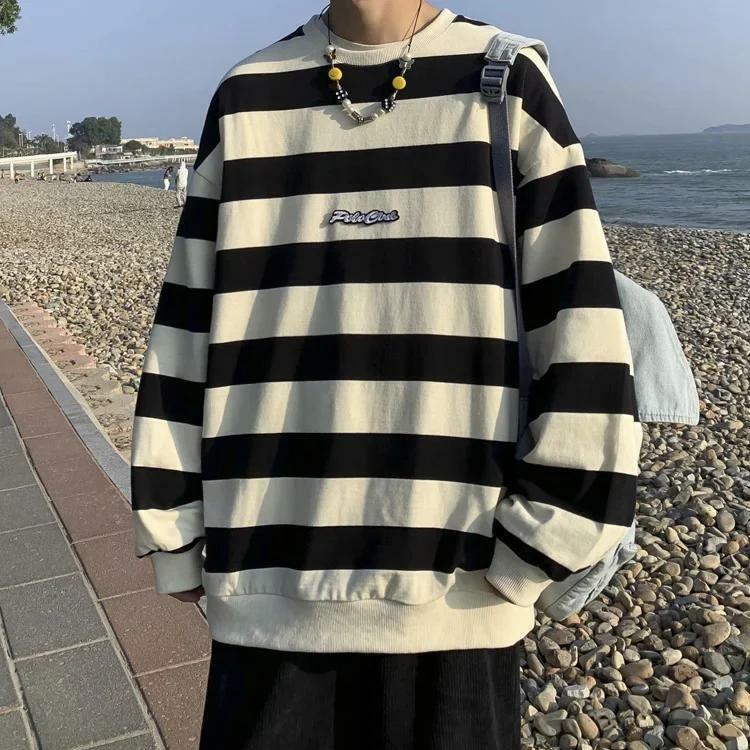 Y2K Inspired Embroidered Striped Sweatshirt - Trendy Grunge Aesthetic for Effortless Style