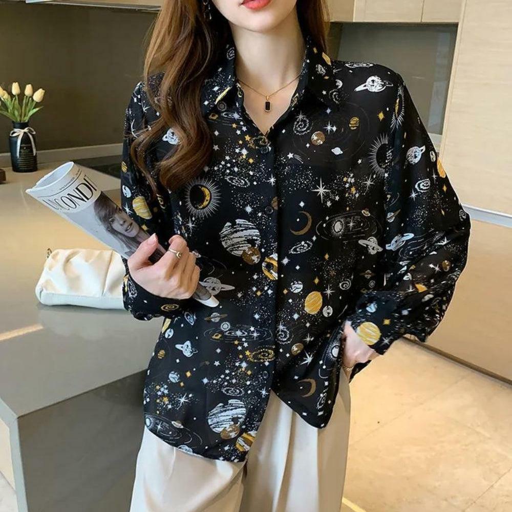 Y2K-Inspired Galaxy Chiffon Shirt for Effortless Summer Style and Aesthetic Outfits