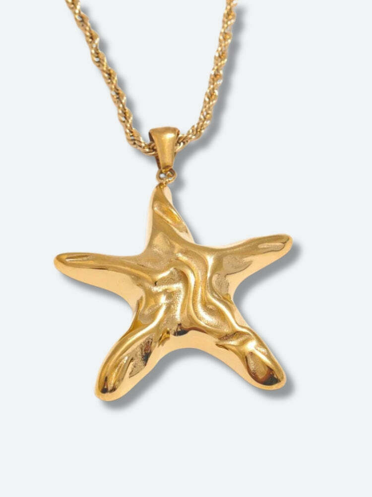 Y2K-Inspired Golden Starfish Necklace & Earrings Set for a Chic Summer Look