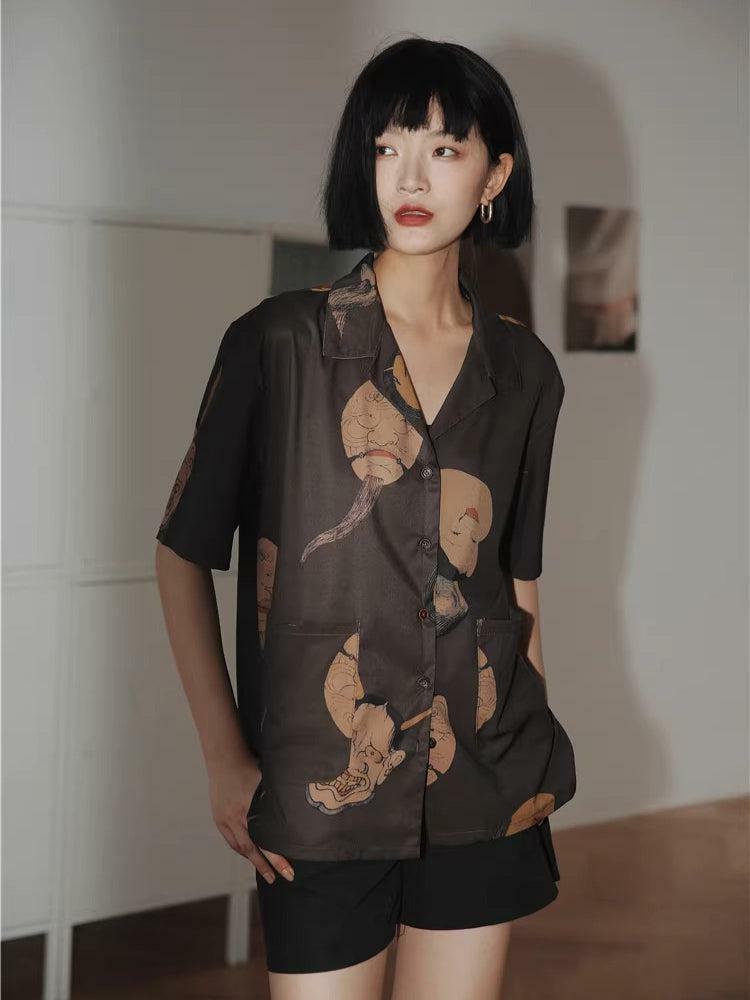 Y2K-Inspired Japanese Art Short Sleeve Blouse for Trendy Summer Outfits