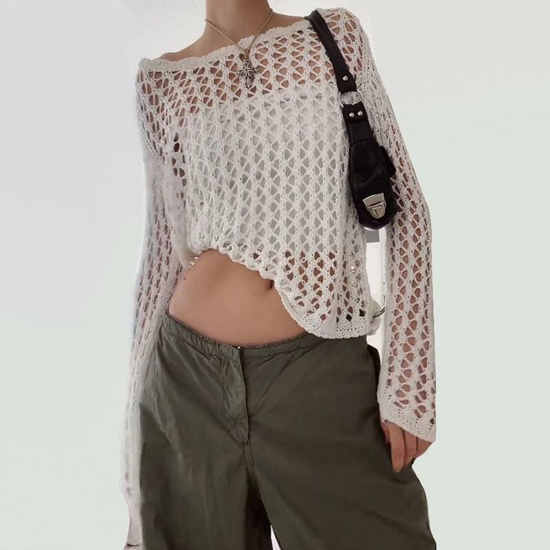 Y2K-Inspired Long Sleeve Fishnet Top for Trendy Summer Outfits and Grunge Aesthetic