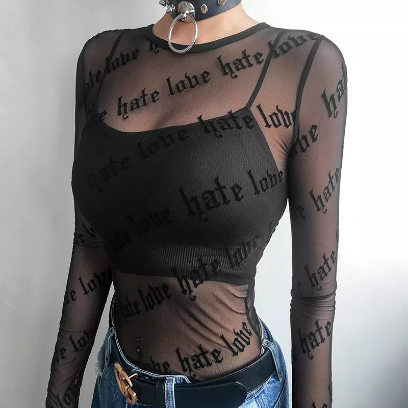 Y2K-Inspired Love Hate Sheer Mesh Top for Trendy Grunge and Aesthetic Outfits