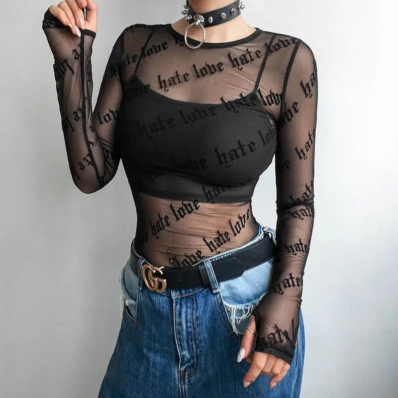 Y2K-Inspired Love Hate Sheer Mesh Top for Trendy Grunge and Aesthetic Outfits