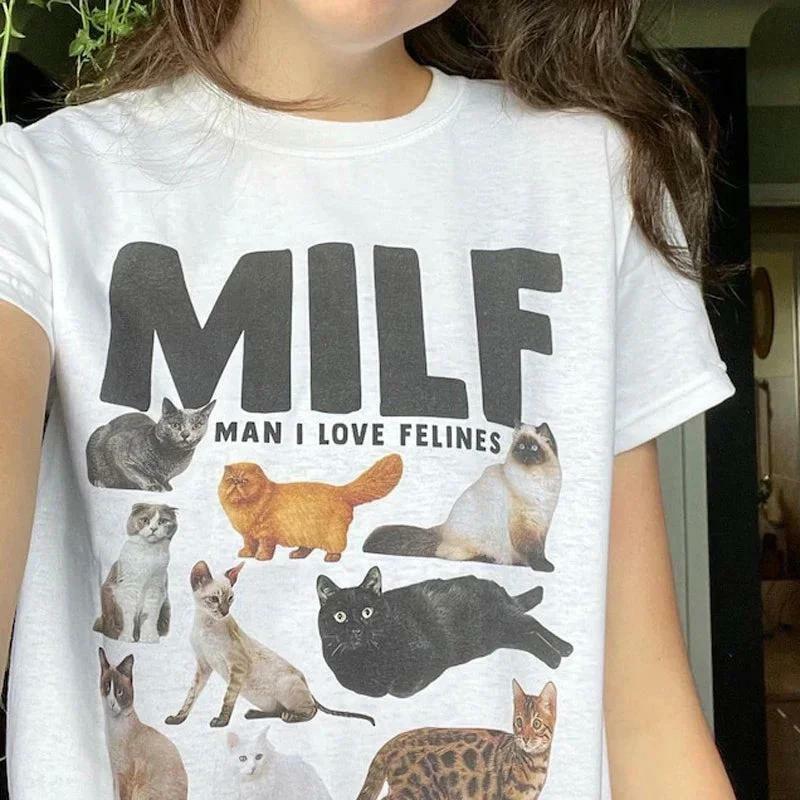 Y2K-Inspired 'Man I Love Felines' Graphic Tee - Trendy Summer Outfit for Cat Lovers