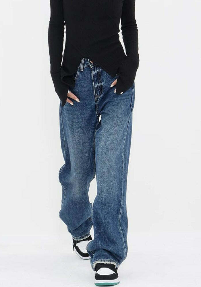 Y2K-Inspired Patch Pocket Straight Leg Denim Jeans for Effortless 90s Grunge Style