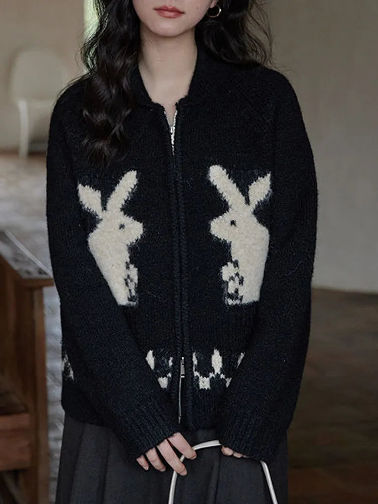 Y2K-Inspired Rabbit Knitted Zip Cardigan for Cozy Grunge Aesthetic Outfits