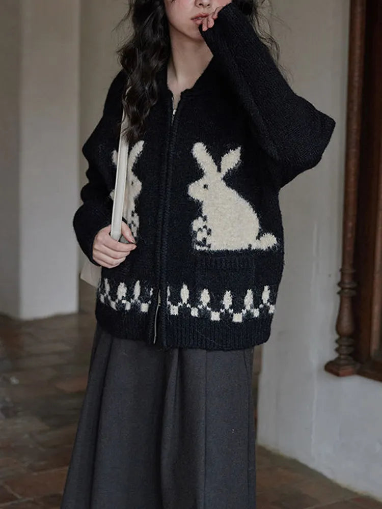 Y2K-Inspired Rabbit Knitted Zip Cardigan for Cozy Grunge Aesthetic Outfits