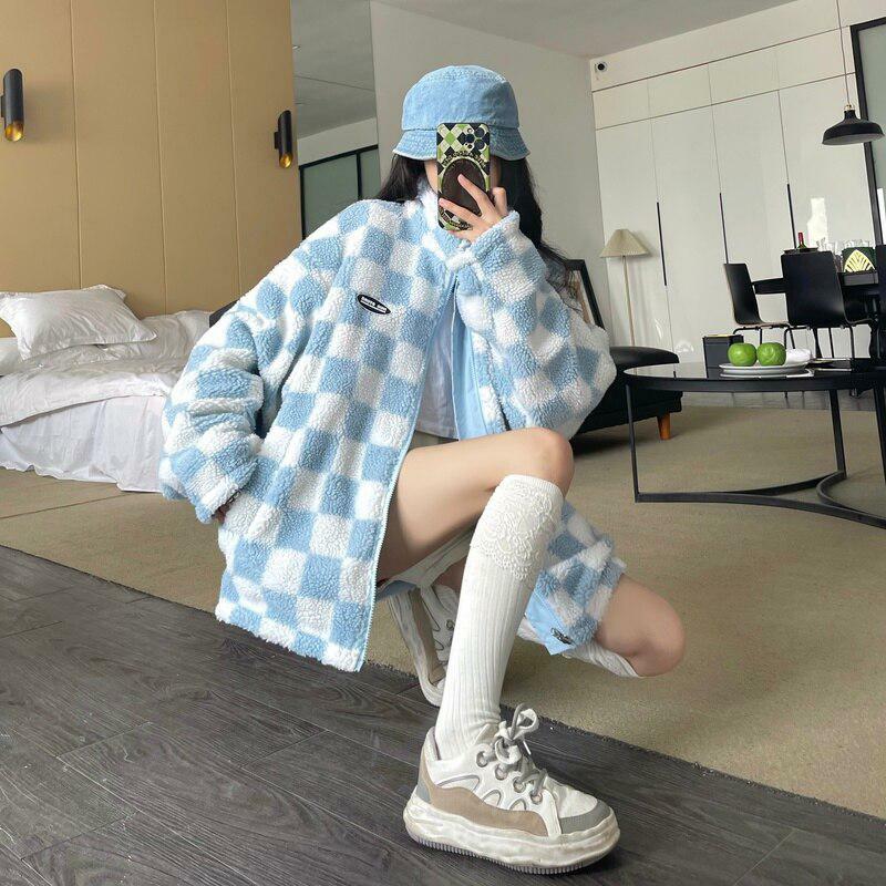 Y2K-Inspired Reversible Checkered Jacket for Trendy Soft Girl Aesthetic Outfits