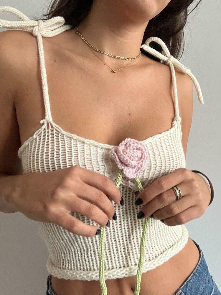 Y2K-Inspired Rose Detailed Knitted Crop Top for Effortless Summer Aesthetic