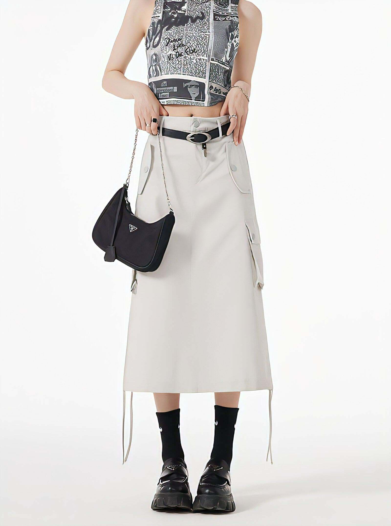 Y2K-Inspired Slit & String Detailed Cargo Midi Skirt for Trendy Summer Outfits