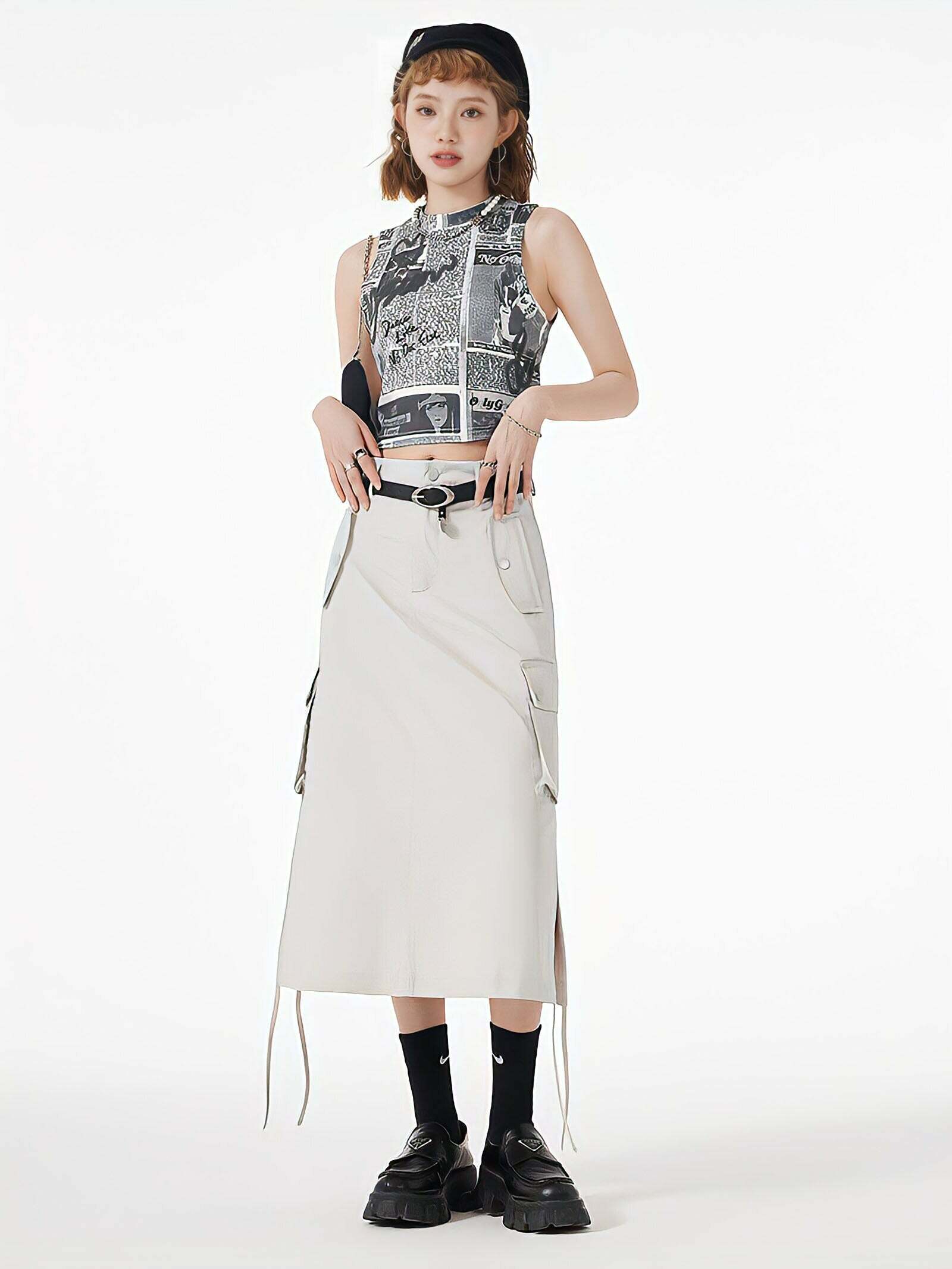 Y2K-Inspired Slit & String Detailed Cargo Midi Skirt for Trendy Summer Outfits