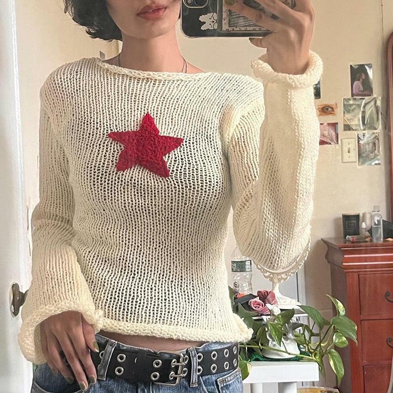 Y2K-Inspired Star Embroidery Knit Top for Trendy Summer Outfits and Aesthetic Looks