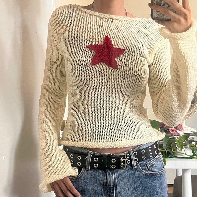 Y2K-Inspired Star Embroidery Knit Top for Trendy Summer Outfits and Aesthetic Looks