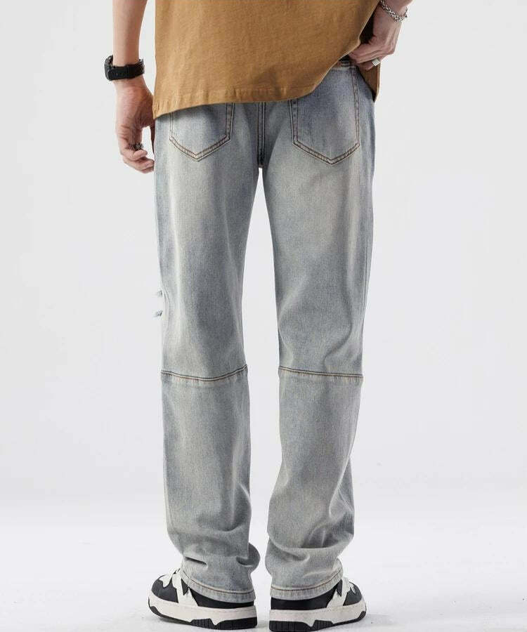 Y2K Inspired Straight Leg Distressed Jeans for a Trendy Grunge Aesthetic Look