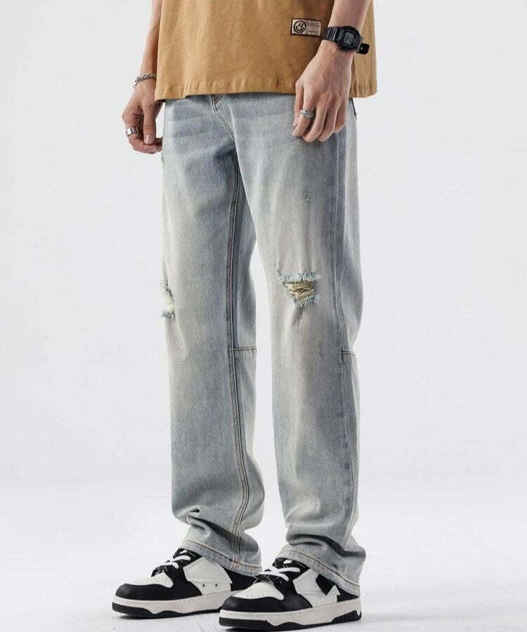 Y2K Inspired Straight Leg Distressed Jeans for a Trendy Grunge Aesthetic Look