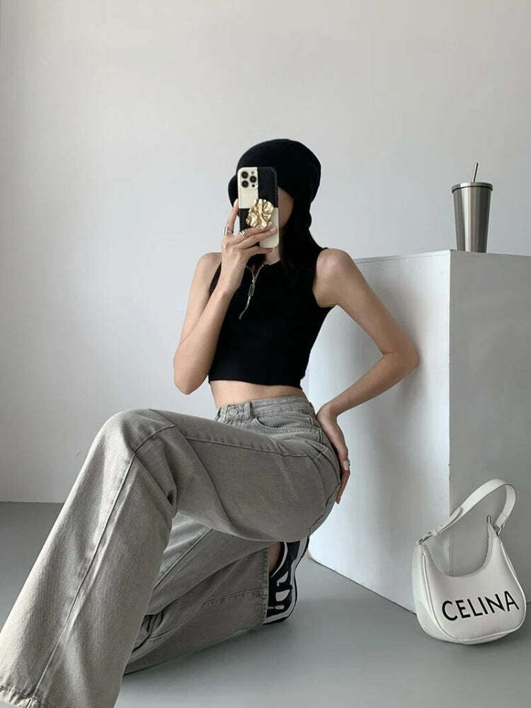 Y2K-Inspired Straight Leg Gray Jeans for Effortless Grunge and 90s Fashion Vibes