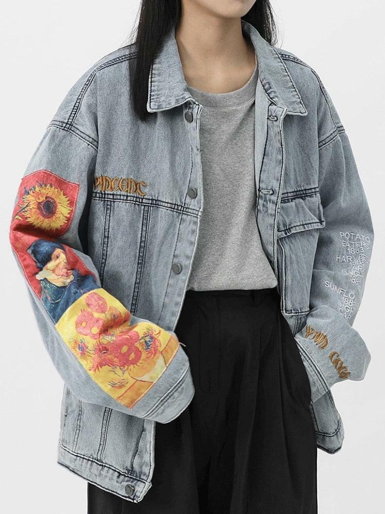 Y2K-Inspired Vincent Van Gogh Denim Jacket for Trendy Summer Outfits and Aesthetic Looks