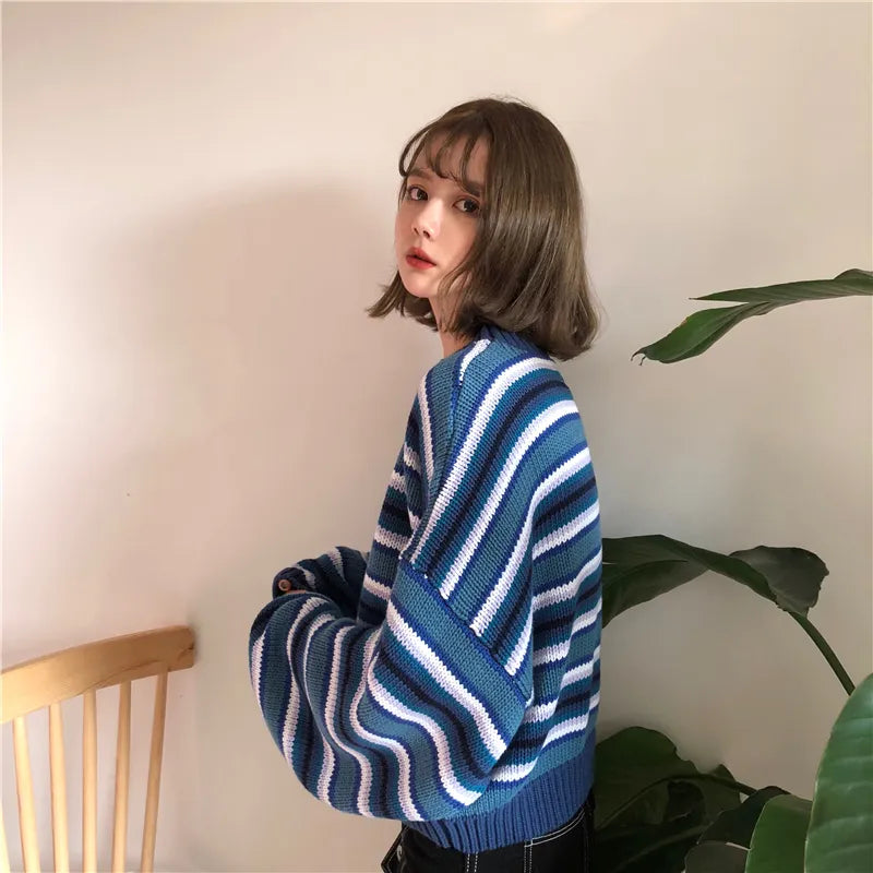 Y2K-Inspired Wide Sleeved Striped Knit Sweater for Effortless Grunge Aesthetic Style