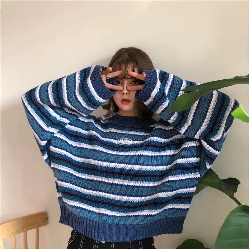 Y2K-Inspired Wide Sleeved Striped Knit Sweater for Effortless Grunge Aesthetic Style