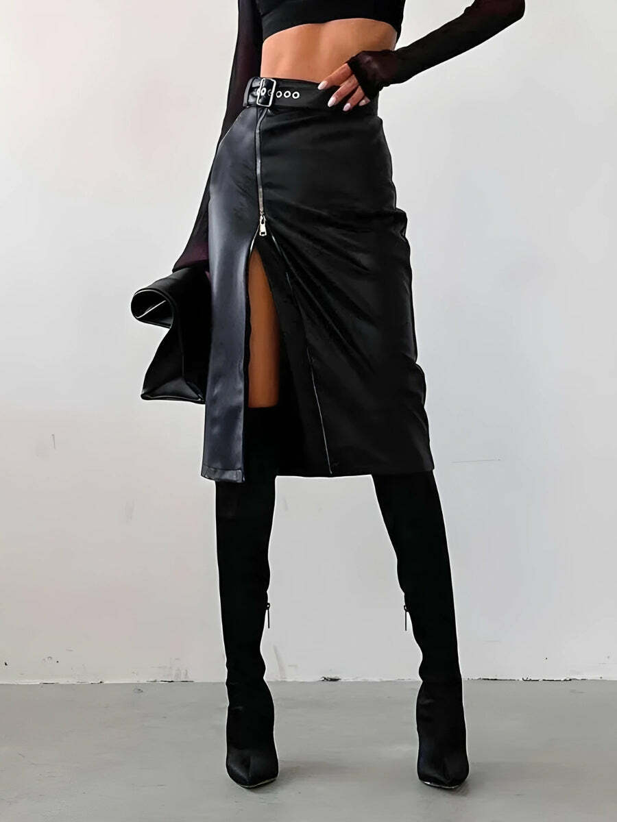 Y2K-Inspired Zip-Up Slit Midi Skirt for Trendy Summer Outfits and Chic Looks