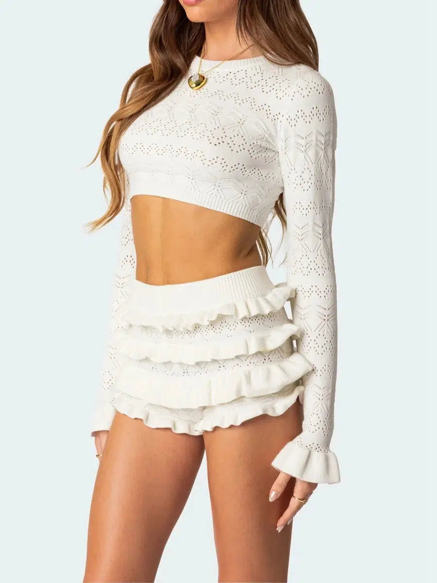 Y2K Knitted Crop Top & Ruffled Shorts Set - Trendy Summer Outfit for Effortless Style