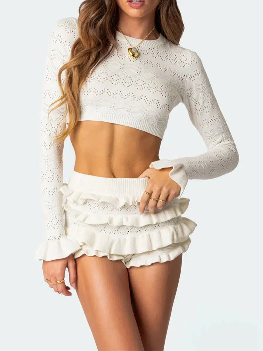 Y2K Knitted Crop Top & Ruffled Shorts Set - Trendy Summer Outfit for Effortless Style