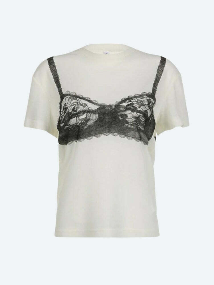 Y2K Lace Bra Tee: Trendy Crop Top for Summer Outfits & Grunge Aesthetic Looks