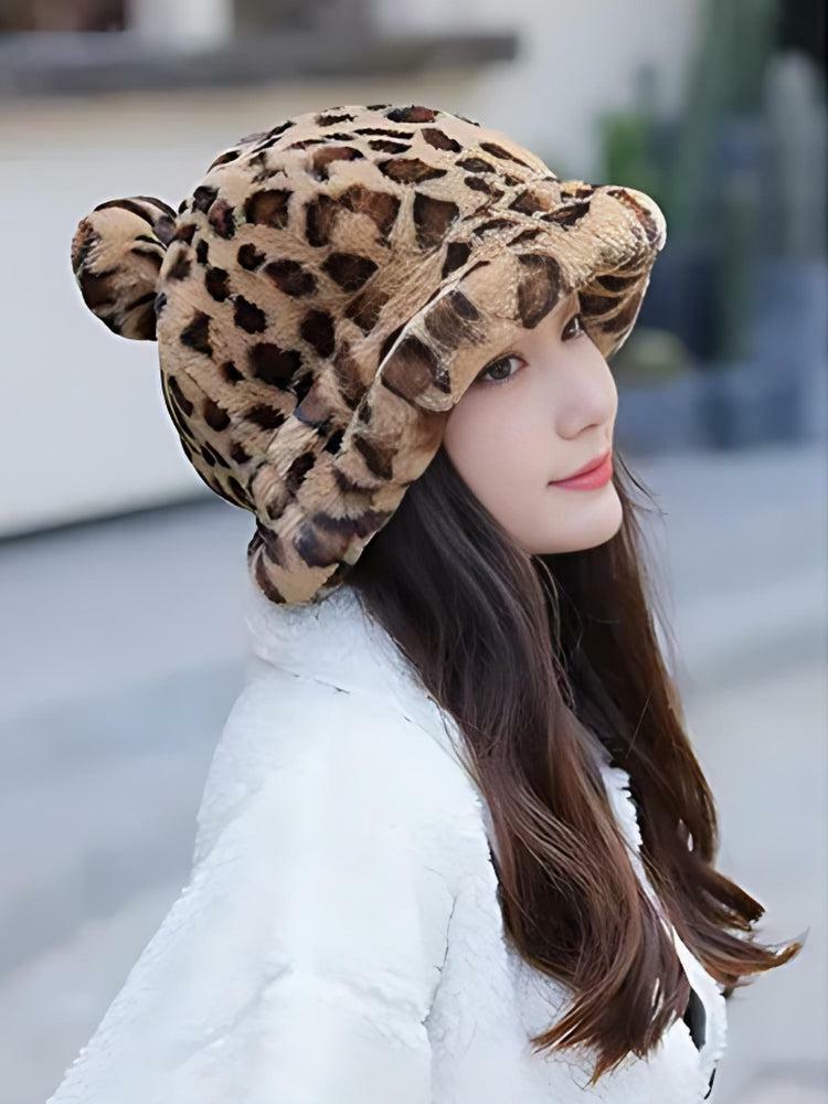 Y2K Leopard Plush Ear Hat - Trendy Grunge Accessory for Summer Outfits and Aesthetic Looks