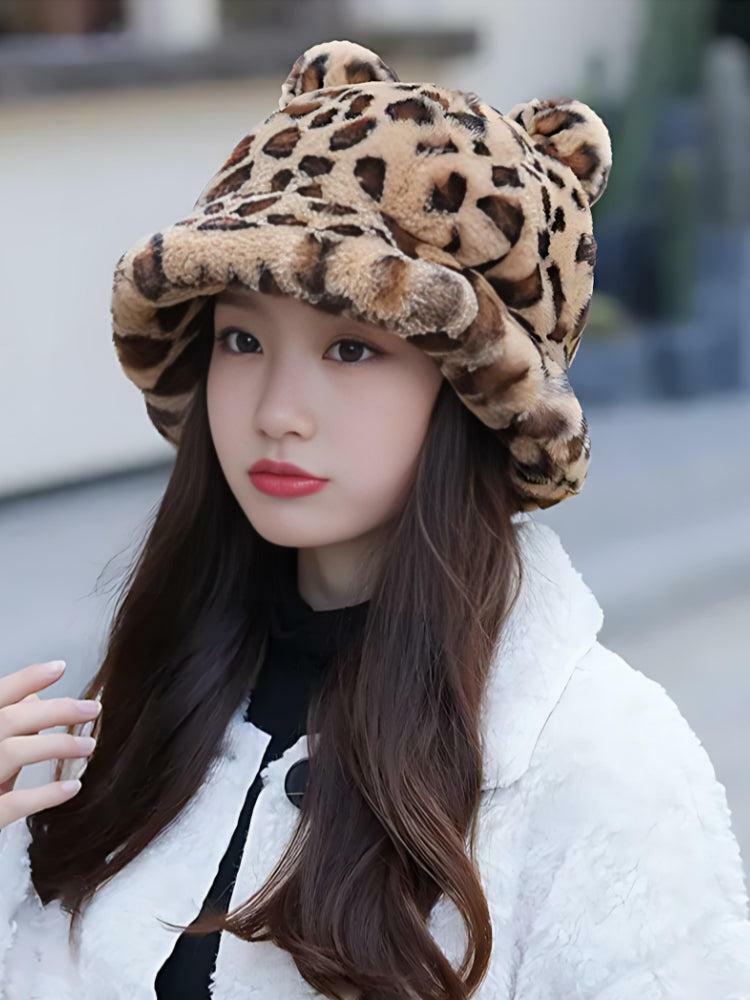 Y2K Leopard Plush Ear Hat - Trendy Grunge Accessory for Summer Outfits and Aesthetic Looks