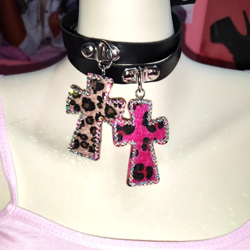 Y2K Leopard Print Cross Choker Necklace - Trendy Grunge Aesthetic Jewelry for Stylish Outfits