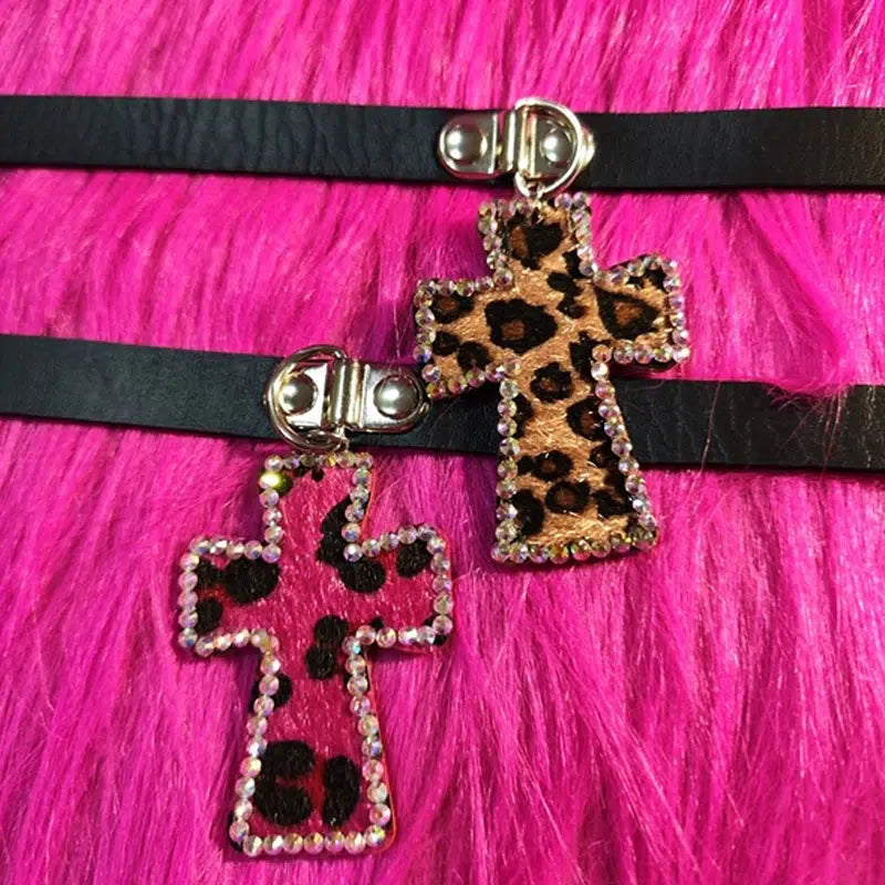 Y2K Leopard Print Cross Choker Necklace - Trendy Grunge Aesthetic Jewelry for Stylish Outfits