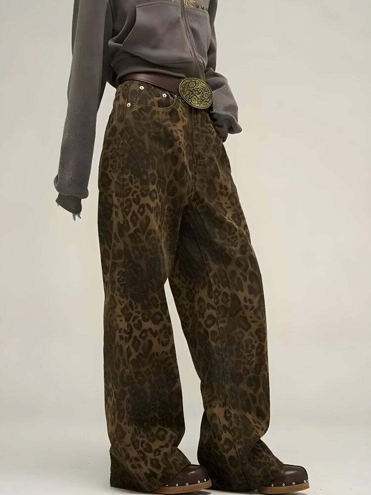 Y2K Leopard Print Straight Leg Pants for Trendy Summer Outfits and Grunge Aesthetic