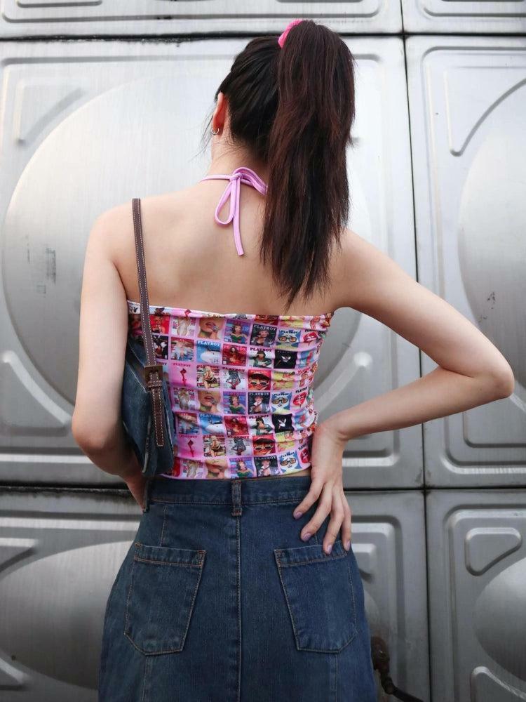 Y2K Magazine Covers Drawstring Top - Trendy Y2K Aesthetic Crop Top for Stylish Summer Outfits