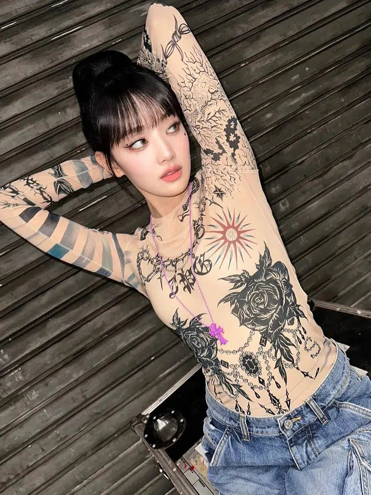 Y2K Mesh Tattoo Top: Edgy Grunge Style for Trendy Summer Outfits and Aesthetic Looks