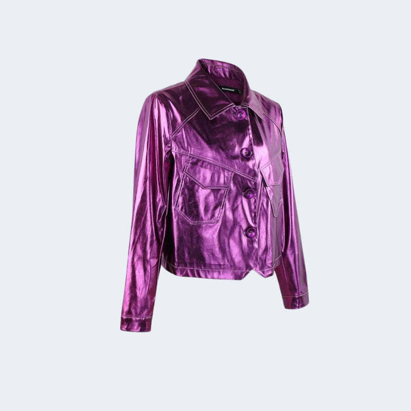 Y2K Metallic Fuchsia Faux Leather Jacket for Trendy Grunge and 2000s Fashion Lovers