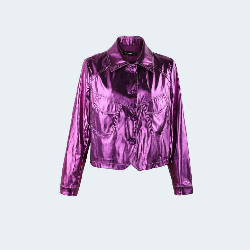 Y2K Metallic Fuchsia Faux Leather Jacket for Trendy Grunge and 2000s Fashion Lovers