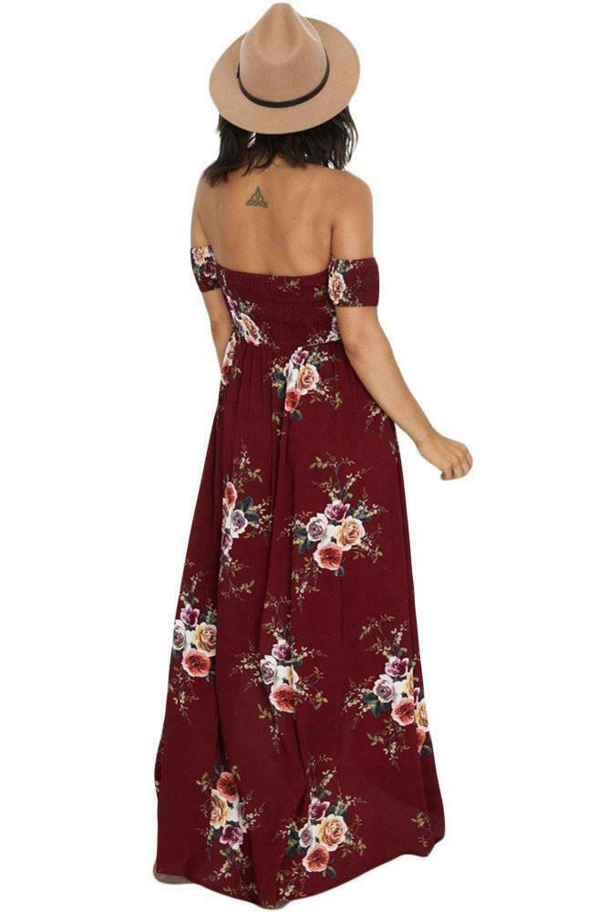 Y2K Off Shoulder Burgundy Floral Maxi Dress - Coquette Aesthetic & Grunge Style