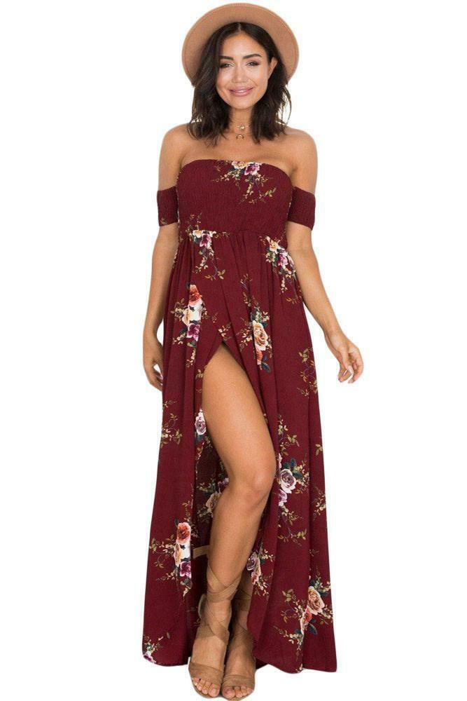 Y2K Off Shoulder Burgundy Floral Maxi Dress - Coquette Aesthetic & Grunge Style