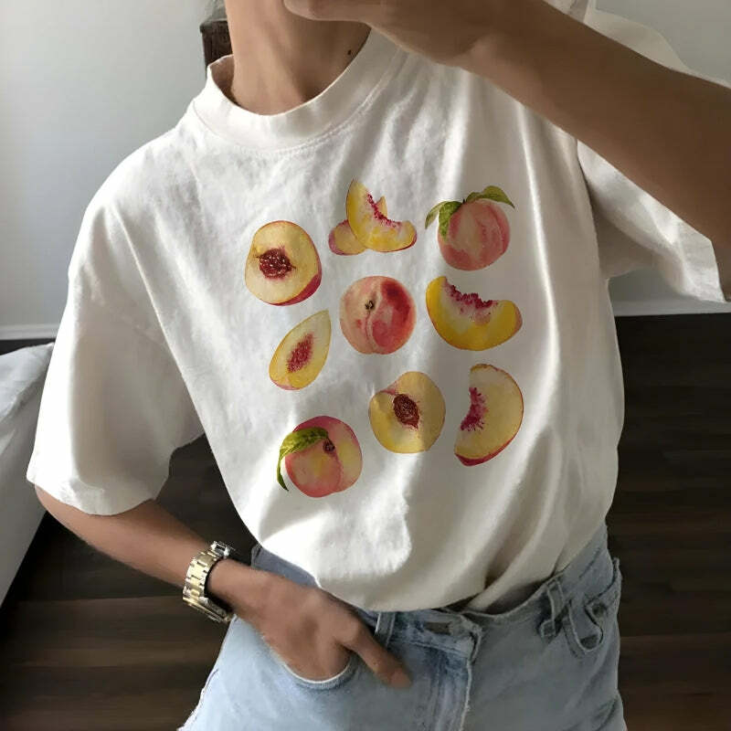 Y2K Peaches Graphic Tee - Trendy Summer Outfit for a Chic 2000s Aesthetic